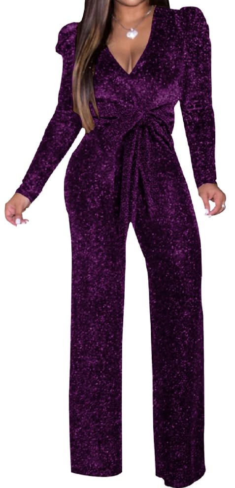 Women's Sparkly Jumpsuits Sexy Long Sleeve Cocktail Elegant Mock Neck Bodycon Straight Long Pants Rompers with Pockets