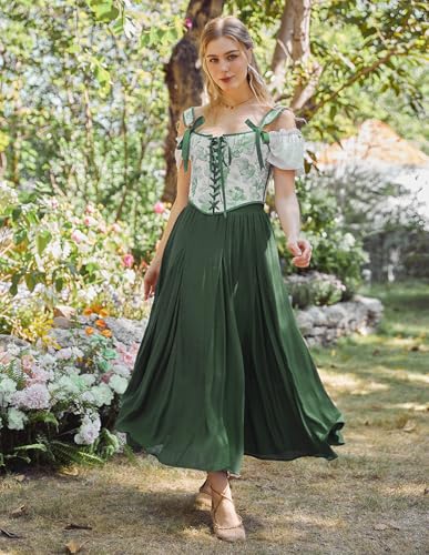 Scarlet Darkness Women Casual Maxi Skirt Flowy Bohemian Renaissance Long Skirts Olive Green S