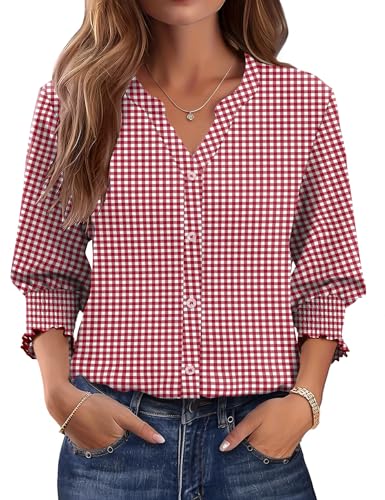 LOMON Tops for Women Trendy V Neck Button Down Shirts 3/4 Length Sleeve Plus Size Women Blouses Cotton Summer Tops Red Plaid XL