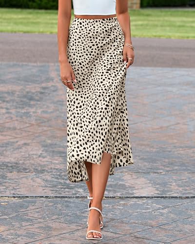 BTFBM Satin Skirts for Women Trendy Spring Summer 2026 High Waisted Leopard Print Cocktail Wedding Long Silk Midi Skirt(Dot Apricot Black, Medium)
