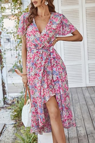 PRETTYGARDEN Women's Summer Floral Boho Dress Wrap V Neck Short Sleeve Ruffle A-Line Flowy Maxi Wedding Guest Dresses (Pink Floral,Large)