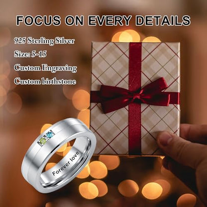 ROMANTICWORK Personalized Ring for Men 925 Sterling Silver Custom Name 2 Birthstones Ring Christmas Valentine's Day Jewelry Gift for Husband Boyfriend Father