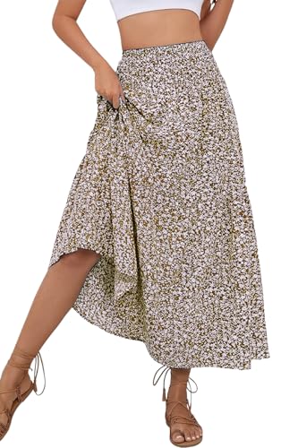 PRSFPN Women's Boho Maxi Skirt Floral Printed Smocked High Waist Long Skirts with Pockets Flowy Ruffle A-Line Summer Beach (Khaki Floral, Small)