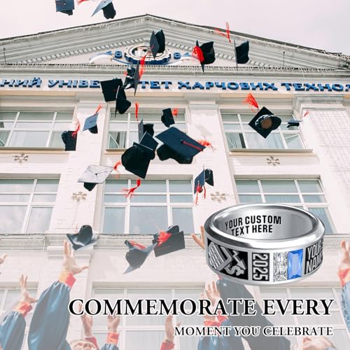 MEIDERBO Personalized Class Ring High School College Custom Birthstone Rings 925 Sterling Silver Engraved 2025 Graduation Jewelry Gifts for Men Size 4-15