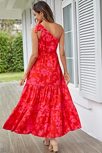 PRETTYGARDEN Women's Summer Floral Maxi Dress Knot One Shoulder Sleeveless Ruffle Flowy Boho Beach Wedding Guest Dresses (Red Floral,Medium)