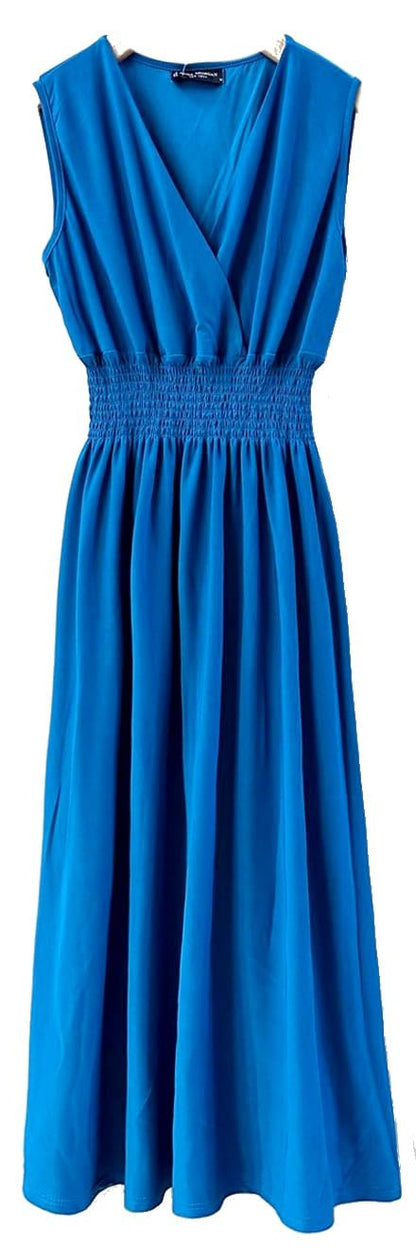 Smocked Maxi Dress - V Neck Exotic Print Dress for Maternity & Plus Size Solid Royal Blue