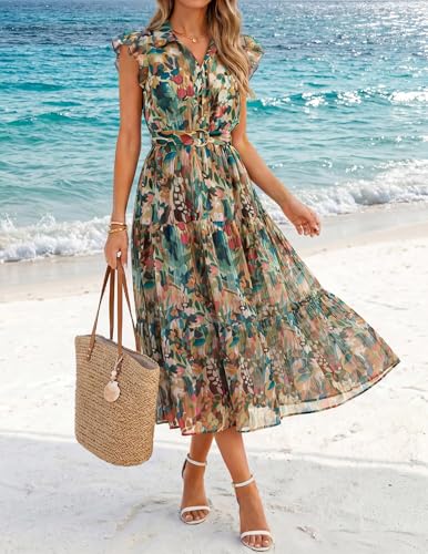 ZESICA Women's Summer Floral Midi Dress 2026 Casual Flutter Short Sleeve Chiffon Button Down Wedding Guest Party Dresses Green Small