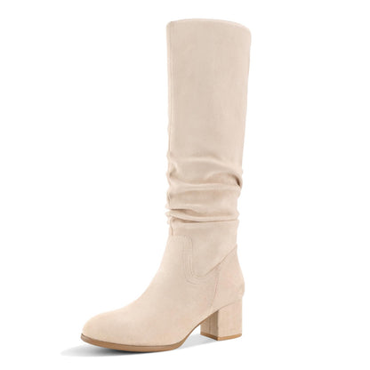 Shoe'N Tale Women's Knee High Boots Chunky Heel Pointed Toe Suede Slouch Winter Shoes with Side Zipper