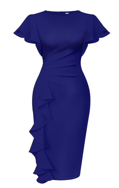 Cato Fashions Online - Women's Vintage Ruffle Sleeve Bodycon Midi Dress - Church Work Office Pencil Dress Royal Blue