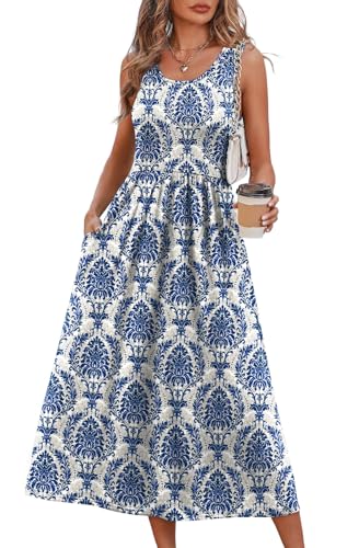 WIHOLL Summer Dresses for Women 2025 2026 Sleeveless Flowy Cute Casual Midi Dresses for Women Spring Dress Sundresses for Women Hawaiian Maxi Dress Blue Damask Print L