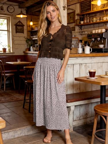 ANRABESS Women's Maxi Skirts, Soft Flowy Boho Floral, Long Casual Side Slit Skirt, Perfect for Beach, Vacation & Summer Gray Khaki Polka Dot Medium