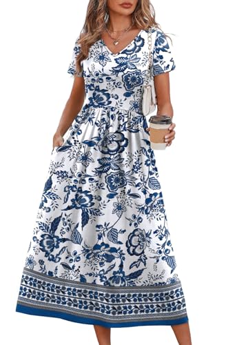OFEEFAN Summer Dresses for Women Flowy Short Sleeve V Neck A Line Dress Work Spring Beach Vacation Casual Dresses Midi Maxi Dress Sundresses for Women Mandala Boho Print XL