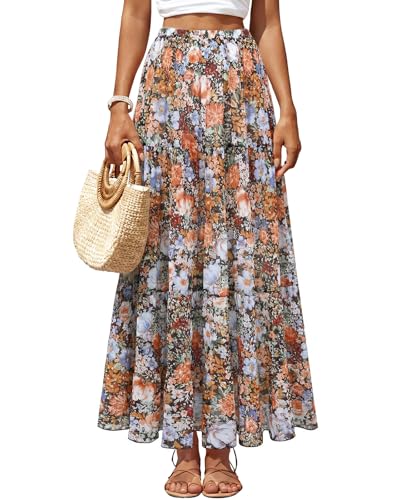 Yewanka Women's Chiffon Pleated Maxi Skirt Elastic High Waisted Boho A-Line Fall Flowy White Long Skirts with Lining