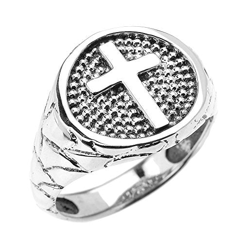 Sterling Silver Textured Band Christian Religious Cross Men's Ring(Size 11)