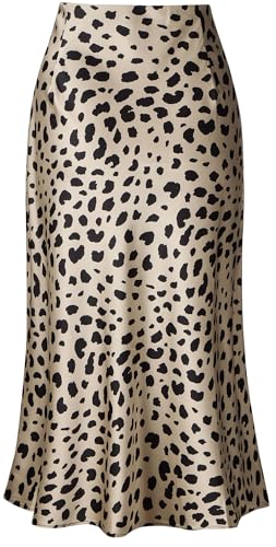 Keasmto Leopard Skirt for Women Midi Length High Waist Silk Satin Elasticized Cheetah Skirts M