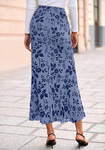 BTFBM Womens Floral Mesh Maxi Skirt 2026 Spring Summer Elastic High Waisted Boho Elegant Mermaid Long Skirts for Women(Dusty Blue, Medium)