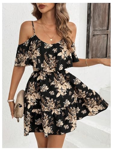 SOLY HUX Women's Boho Floral Print Cold Shoulder Dress Short Sleeve Ruffle A Line Vacation Elegant Mini Dresses Black Large