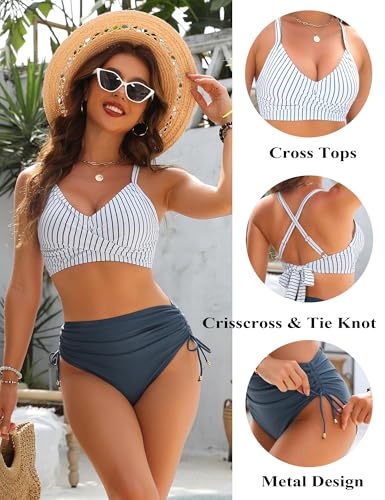 Blooming Jelly Womens High Waisted Bikini Sets Striped Tummy Control Swimsuits Tie 2 Piece Bathing Suit (Small, Blue)