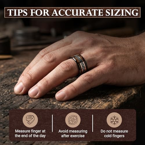 Risty Olivo Men’s Tungsten Wedding Band - 8mm Black Comfort Fit Meteorite Ring with Whiskey Wood Inlay - Rustic Handmade Tungsten Rings for Special Occasions and Meaningful Gifts - (120, Size 9)
