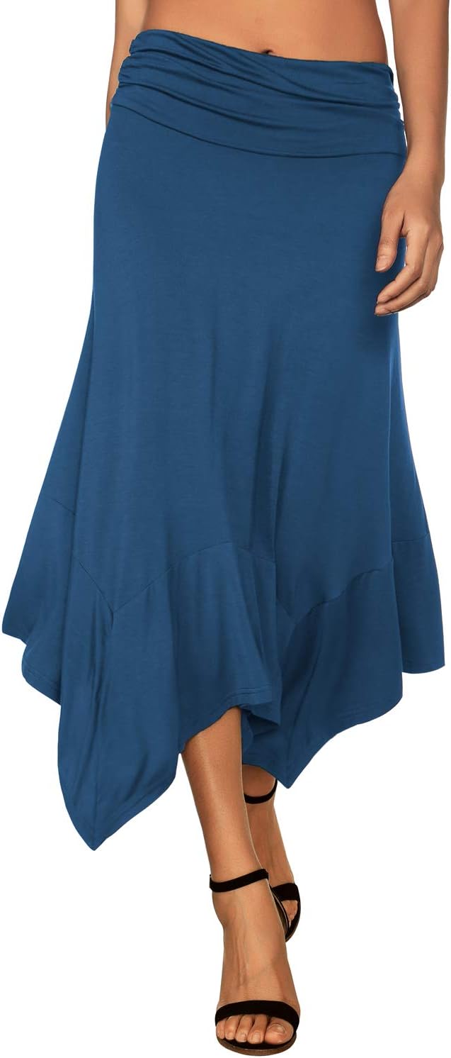 Women's Flowy Handkerchief Hemline Midi Skirt - Elastic Waist Asymmetrical Hem Blue