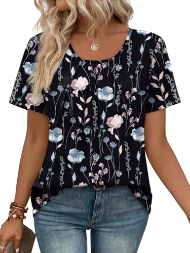 WIHOLL Blouses for Women Dressy Casual Summer Scoop Neck Trendy Tops 2026 Short Sleeve Business Work Office Tshirts Shirts Black Floral Print 2XL