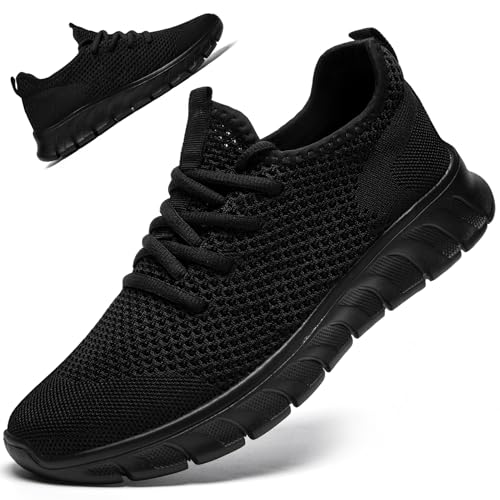 RJYWGS Running Shoes for Men Womens Walking Tennis Gym Sneakers Slip On Comfortable Lightweight Athletic Workout Fashion Sports Shoes Black Size Women 12/ Men 11