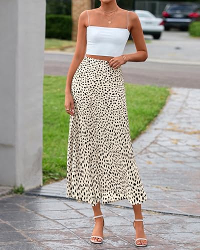 BTFBM Satin Skirts for Women Trendy Spring Summer 2026 High Waisted Leopard Print Cocktail Wedding Long Silk Midi Skirt(Dot Apricot Black, Medium)