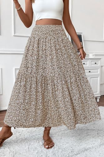 TuoGo Women's Smocked High Waist Maxi Long Skirt with Pockets (L,932-Khaki Floral)