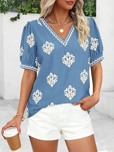 BTFBM Casual Summer T Shirts Going Out Tops for Women Beach Vacation Clothes Short Sleeve Blouses V Neck Boho Tunicss(Light Blue Apricot Flower,Large)