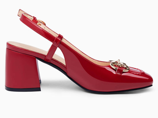 Coutgo Women's Slingback Chunky Block Heels Pumps Square Toe Metal Buckle Party Dress Work Shoes, Red, Size 9