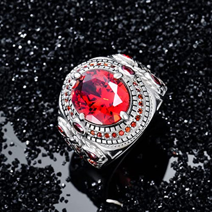 PYTALI Round Garnet Gemstone Ring for Men Sterling Silver Oxidized Men's Ring Vintage Retro Jewelry(9)