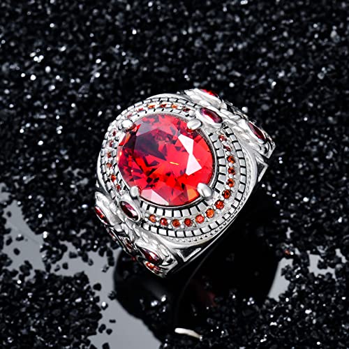 PYTALI Round Garnet Gemstone Ring for Men Sterling Silver Oxidized Men's Ring Vintage Retro Jewelry(9)