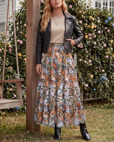 Yewanka Women's Chiffon Pleated Maxi Skirt Elastic High Waisted Boho A-Line Fall Flowy White Long Skirts with Lining