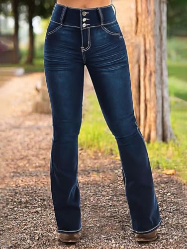 Flamingals Butt Lifting Bootcut Jeans Stretchy Casual Fall Winter Trendy Flare Leg Jeans for Women Cobalt Blue XL