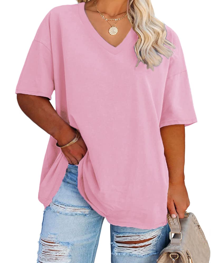 Cato Fashions Online - Women's Plus Size V-Neck Cotton T-Shirts - Summer Half Sleeve Casual Loose Fit Tunic Tops Pink