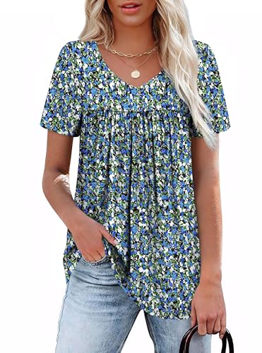 Womens Tops Dressy Casual V Neck T Shirts Ruffle Front Spring Outfits Plus Size Clothes Womens Summer Tops 2026 Fashion Clothing Loose Fit Blouses Oversized Tshirts Floral Blue 3XL