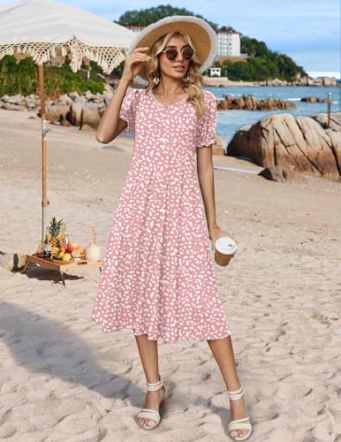 Zeagoo Ladies Dresses Floral Casual Summer Dresses for Women Short Sleeve Dress Womens Midi Dress 2026 Boho Sundress, Pink Dot,L