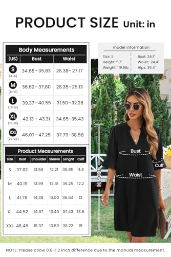 Wkior Summer Dress for Women Short Sleeve Solid Color Loose Casual Elegant Dress Black L