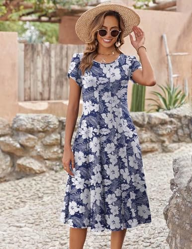 Zeagoo Boho Summer Dresses for Women 2026 Plus Size Midi Dress with Pockets Casual Floral Boho Dress, Deep Blue Flower,XXL
