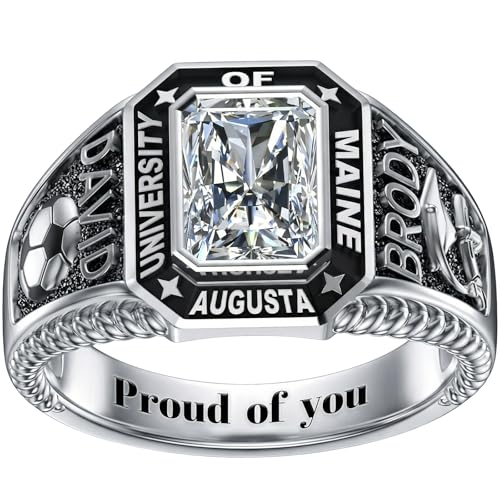 MEIDERBO Personalized Class Ring High School College Custom Birthstone Ring 925 Sterling Silver Engraved 2025 Graduation Jewelry Gift for Men Size 4-15(Style8)