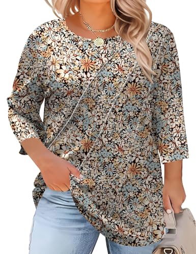 LOMON Spring Tops for Women 2026 Spring Fashion Boho Plus Size Womens Tops Elbow Sleeve Women Crew Neck Womens Fall Spring Summer Fashion 2026 Floral Boho 2X