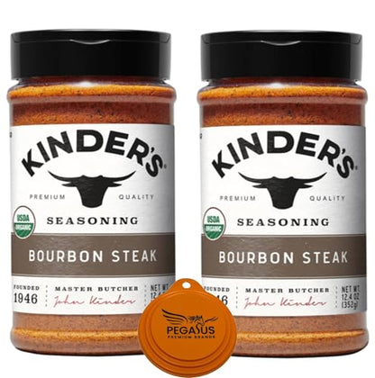 PPB Variety Pack - Kinder's Bourbon Steak Organic Seasoning 12.4oz and Pegasus Premium Brands 3-Step Lid Cover