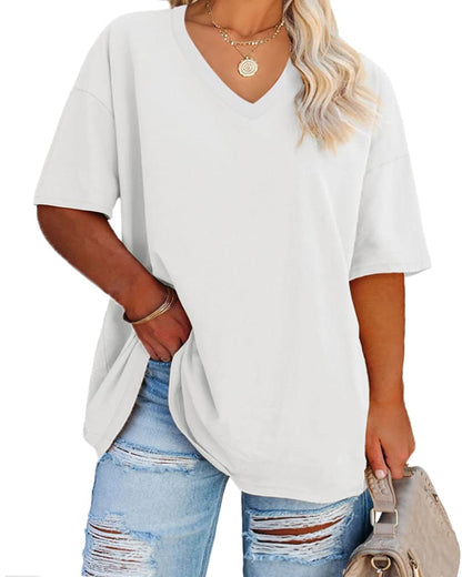 Cato Fashions Online - Women's Plus Size V-Neck Cotton T-Shirts - Summer Half Sleeve Casual Loose Fit Tunic Tops White