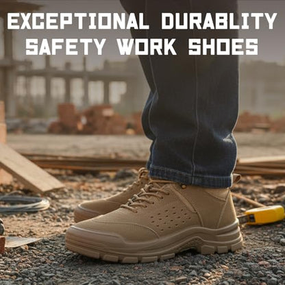 Furuian Steel Toe Shoes for Men Comfortable Lightweight Work Shoes for Men Low Top Steel Toe Safety Puncture Proof Slip Resistant Construction Shoe Brown