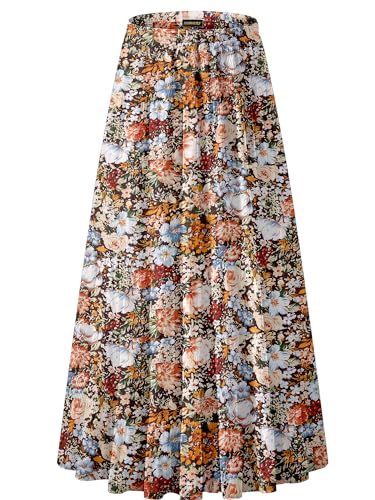 NASHALYLY Women's Chiffon Elastic High Waist Pleated A-Line Flared Maxi Skirts(Coffee Floral,L)