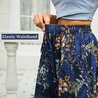 Abaadlw Maxi Skirts for Women with Pockets Long Midi Length Casual Skirt for Beach Party Holiday (A31 Blue Floral L)