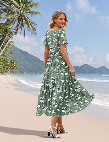 YESNO Women's Summer Maxi Dresses Casual Floral Short Sleeve V Neck Boho Beach Vacation Swing Dress with Pockets 2XL EVF CR469