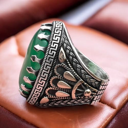 Big Stone,Yemen's Verdant Beauty Large Green Agate Ring in 925 Sterling Silver,Authentic Yemeni Agate Stone in 925 Silver - Statement Piece عقیق یمانی (11.5)