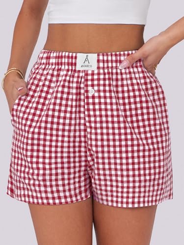 ANRABESS Boxer Shorts for Women Gingham Pajama 2026 Summer Casual Lounge Sleep Plaid Shorts Y2K Beach Bottoms Red White Plaid Medium