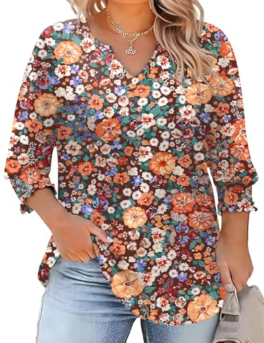 Rapbin Womens Plus Size Tops 3X V Neck 3/4 Sleeve Print Shirts Casual Loose Floral Peasant Blouse Bohemian Clothes (Black Orange Floral 3XL)